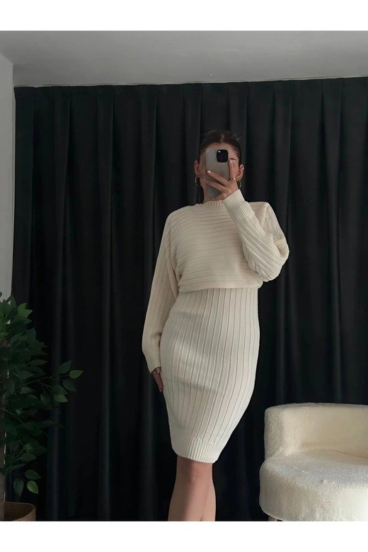 KADIN FİTİLİ YUMUŞAK TRİKO KUMAŞ ASKILI OVERSIZE ELBİSE CROP KAZAK 2 Lİ  TAKIM