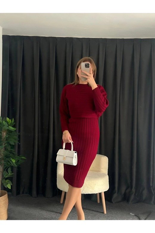 KADIN FİTİLİ YUMUŞAK TRİKO KUMAŞ ASKILI OVERSIZE ELBİSE CROP KAZAK 2 Lİ  TAKIM