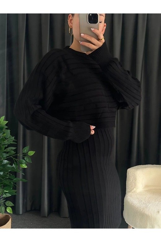 KADIN FİTİLİ YUMUŞAK TRİKO KUMAŞ ASKILI OVERSIZE ELBİSE CROP KAZAK 2 Lİ  TAKIM