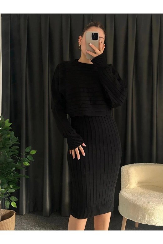 KADIN FİTİLİ YUMUŞAK TRİKO KUMAŞ ASKILI OVERSIZE ELBİSE CROP KAZAK 2 Lİ  TAKIM