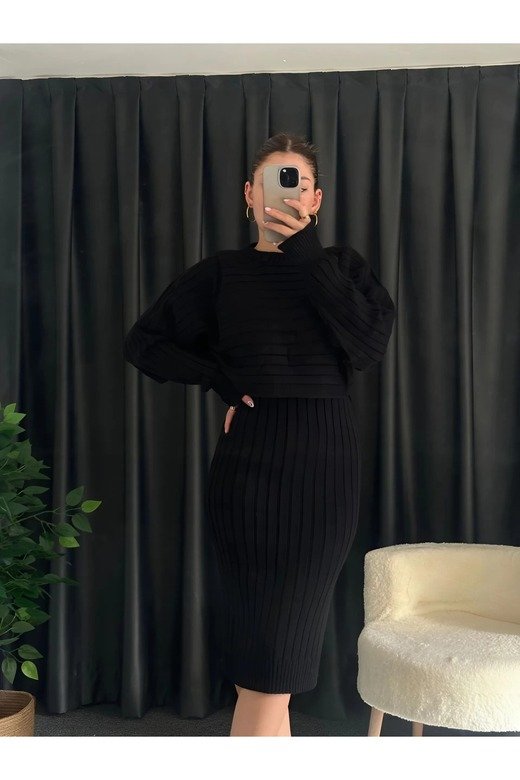 KADIN FİTİLİ YUMUŞAK TRİKO KUMAŞ ASKILI OVERSIZE ELBİSE CROP KAZAK 2 Lİ  TAKIM