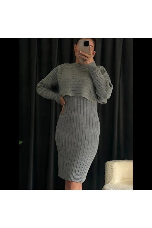 KADIN FİTİLİ YUMUŞAK TRİKO KUMAŞ ASKILI OVERSIZE ELBİSE CROP KAZAK 2 Lİ  TAKIM