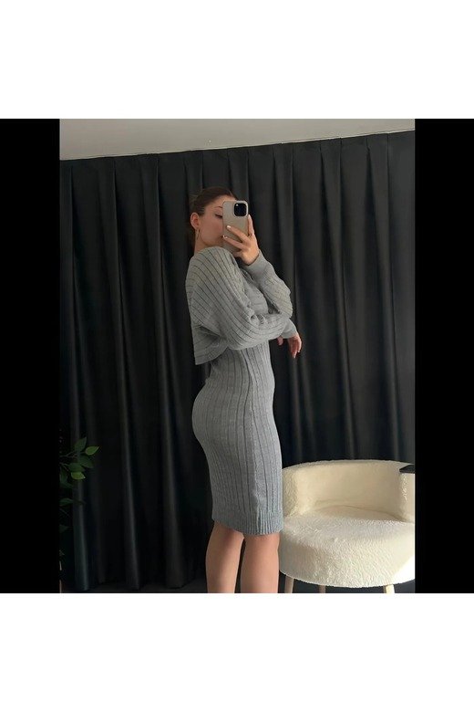 KADIN FİTİLİ YUMUŞAK TRİKO KUMAŞ ASKILI OVERSIZE ELBİSE CROP KAZAK 2 Lİ  TAKIM