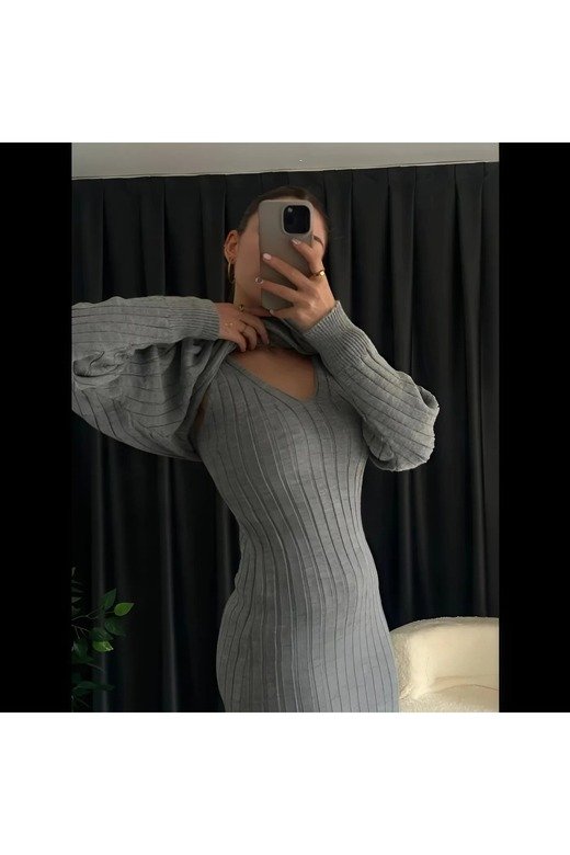 KADIN FİTİLİ YUMUŞAK TRİKO KUMAŞ ASKILI OVERSIZE ELBİSE CROP KAZAK 2 Lİ  TAKIM
