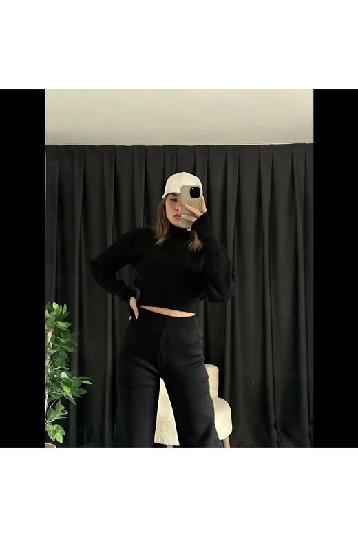Crop Balıkçı Yaka Geniş Paça Yumuşak Triko Takım