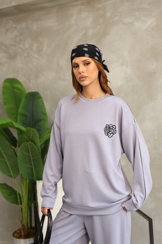 Çiçek Desenli Biyeli Oversize Geniş Paça Modal Kumaş Eşofman Takım
