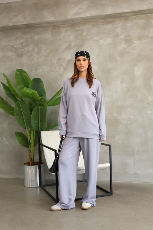 Çiçek Desenli Biyeli Oversize Geniş Paça Modal Kumaş Eşofman Takım
