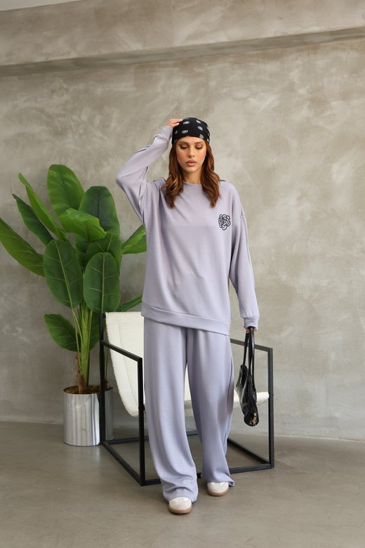 Çiçek Desenli Biyeli Oversize Geniş Paça Modal Kumaş Eşofman Takım