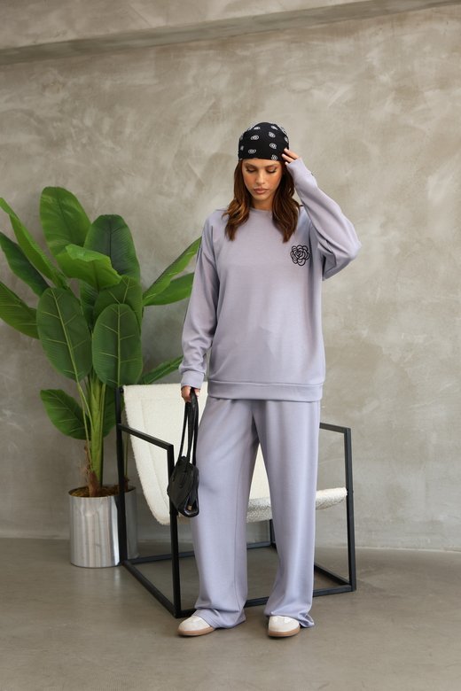 Çiçek Desenli Biyeli Oversize Geniş Paça Modal Kumaş Eşofman Takım