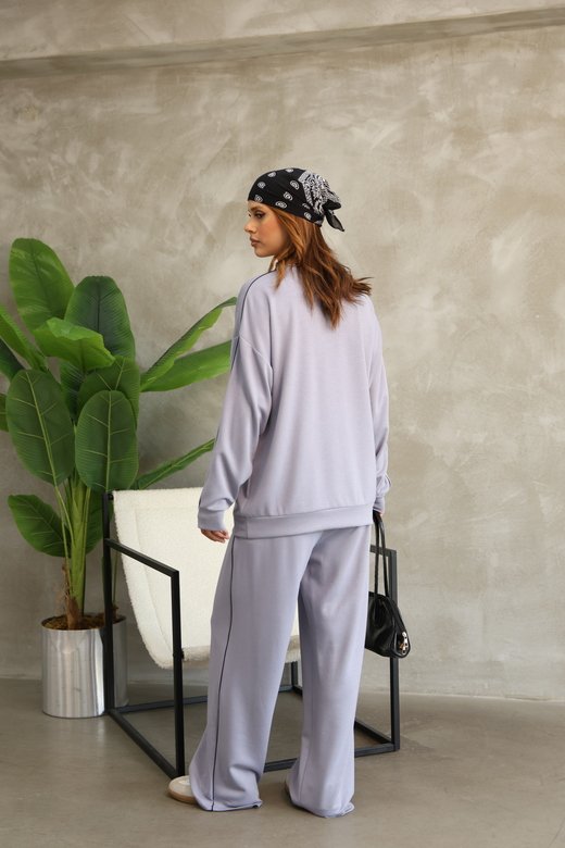 Çiçek Desenli Biyeli Oversize Geniş Paça Modal Kumaş Eşofman Takım