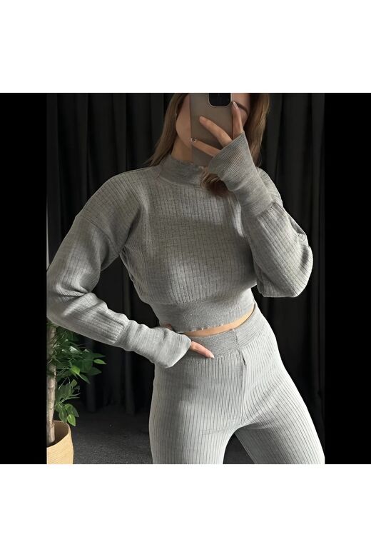 Crop Balıkçı Yaka Geniş Paça Yumuşak Triko Takım