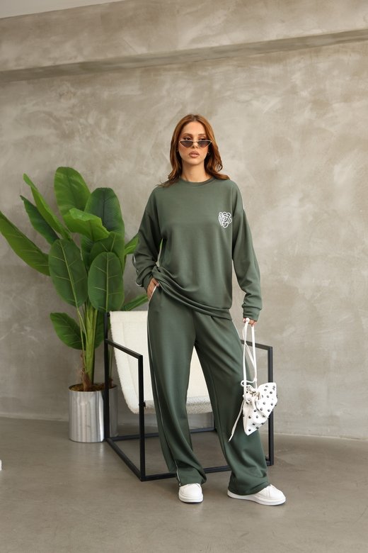 Çiçek Desenli Biyeli Oversize Geniş Paça Modal Kumaş Eşofman Takım