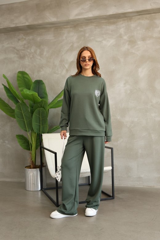 Çiçek Desenli Biyeli Oversize Geniş Paça Modal Kumaş Eşofman Takım