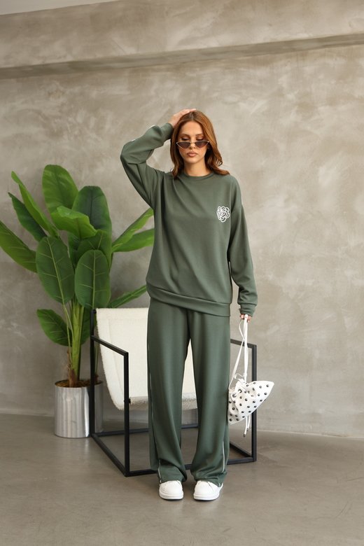 Çiçek Desenli Biyeli Oversize Geniş Paça Modal Kumaş Eşofman Takım