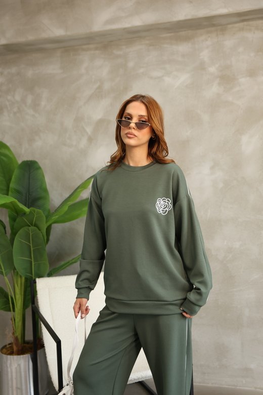Çiçek Desenli Biyeli Oversize Geniş Paça Modal Kumaş Eşofman Takım