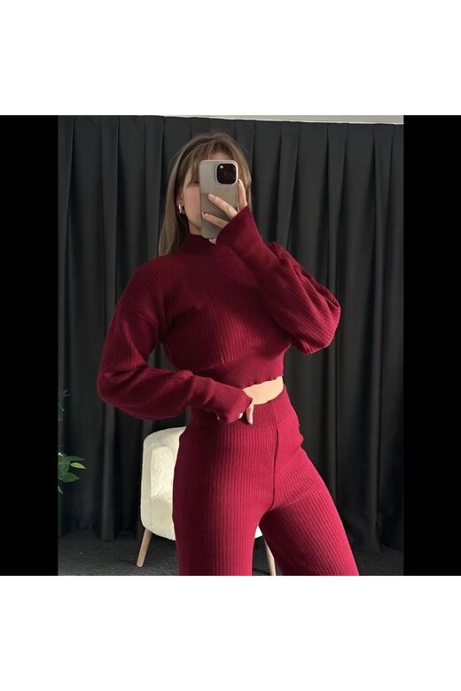 Crop Balıkçı Yaka Geniş Paça Yumuşak Triko Takım