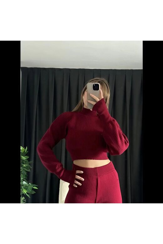 Crop Balıkçı Yaka Geniş Paça Yumuşak Triko Takım