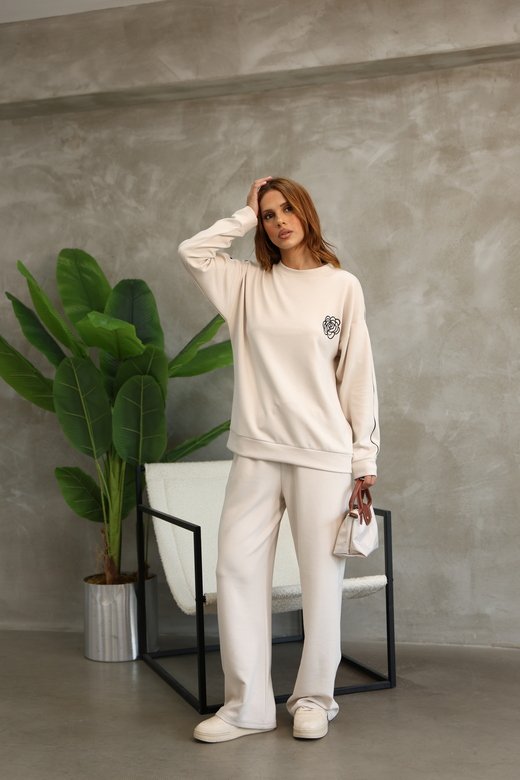 Çiçek Desenli Biyeli Oversize Geniş Paça Modal Kumaş Eşofman Takım