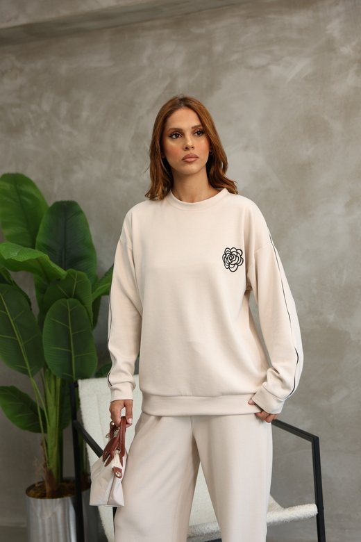 Çiçek Desenli Biyeli Oversize Geniş Paça Modal Kumaş Eşofman Takım
