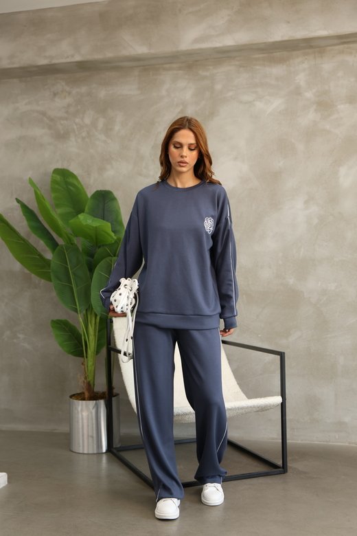 Çiçek Desenli Biyeli Oversize Geniş Paça Modal Kumaş Eşofman Takım