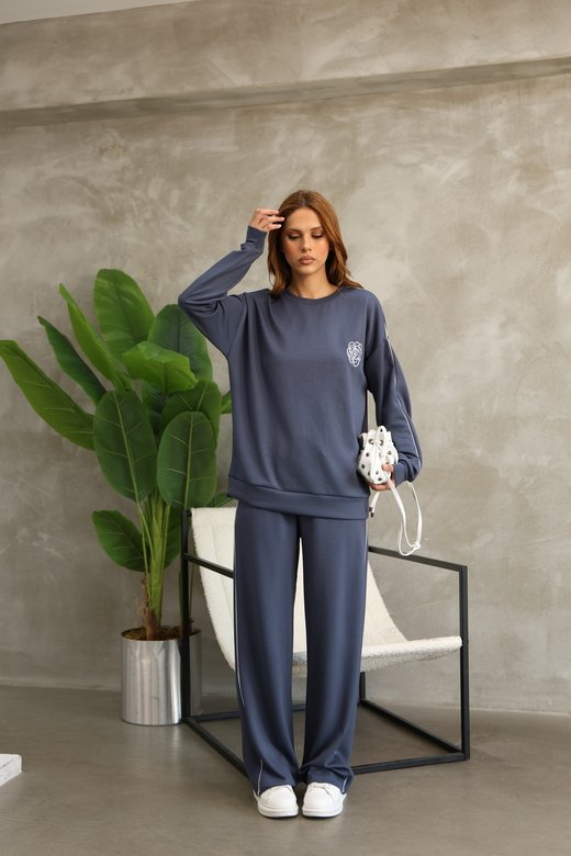 Çiçek Desenli Biyeli Oversize Geniş Paça Modal Kumaş Eşofman Takım