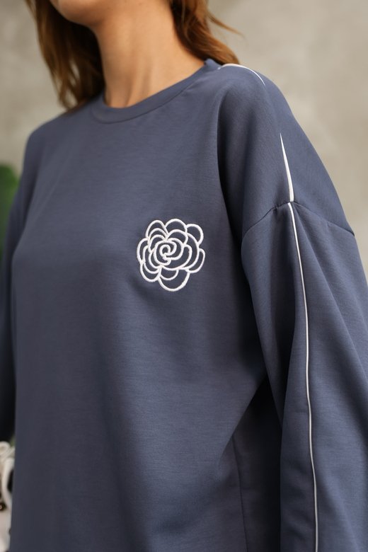 Çiçek Desenli Biyeli Oversize Geniş Paça Modal Kumaş Eşofman Takım