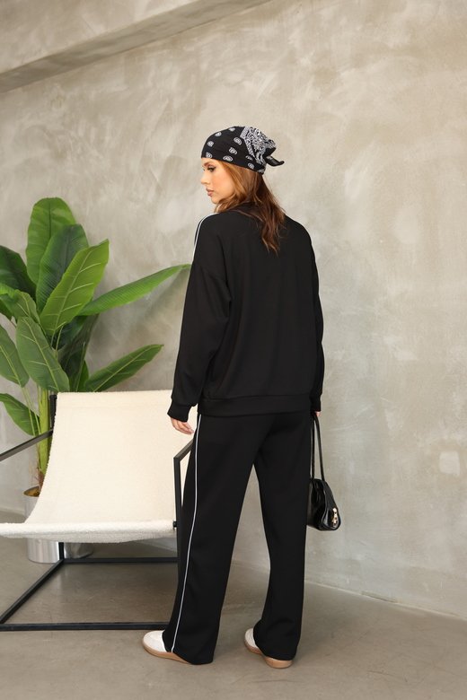 Çiçek Desenli Biyeli Oversize Geniş Paça Modal Kumaş Eşofman Takım