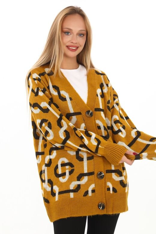 Oversize Düğmeli Örme Detaylı Triko Hırka