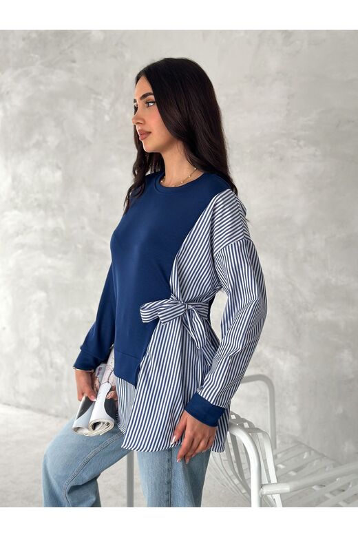 Poplin Yandan Bağlama Detaylı Garnili Gömlek Görünümlü Modal-Terikoton Kumaş Sweatshirt