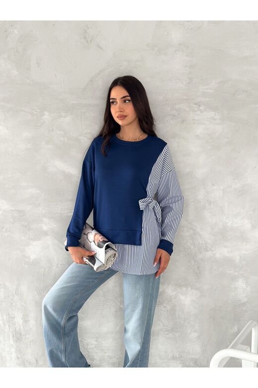 Poplin Yandan Bağlama Detaylı Garnili Gömlek Görünümlü Modal-Terikoton Kumaş Sweatshirt
