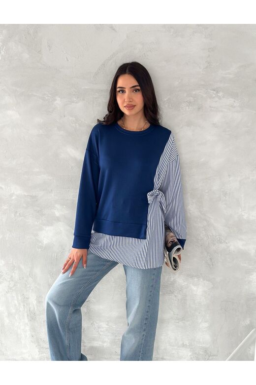 Poplin Yandan Bağlama Detaylı Garnili Gömlek Görünümlü Modal-Terikoton Kumaş Sweatshirt