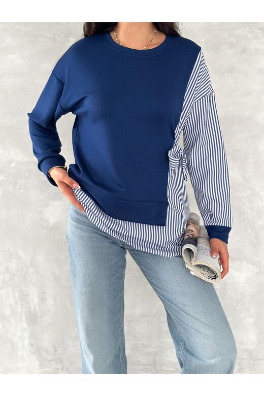 Poplin Yandan Bağlama Detaylı Garnili Gömlek Görünümlü Modal-Terikoton Kumaş Sweatshirt