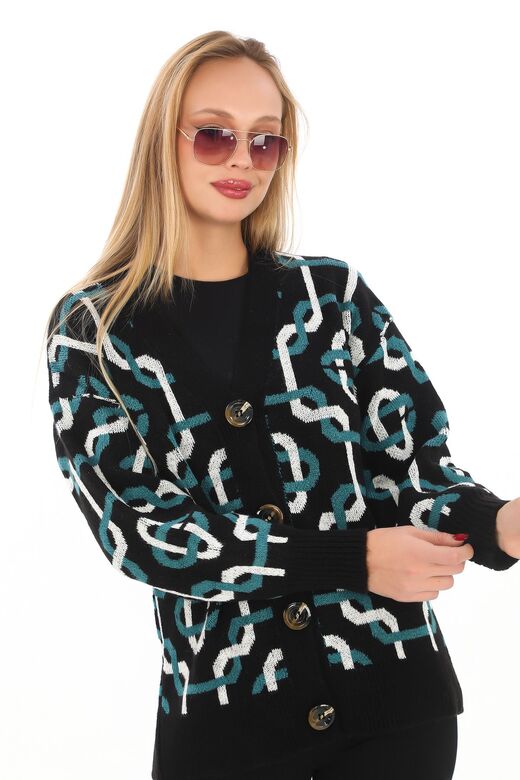 Oversize Düğmeli Örme Detaylı Triko Hırka