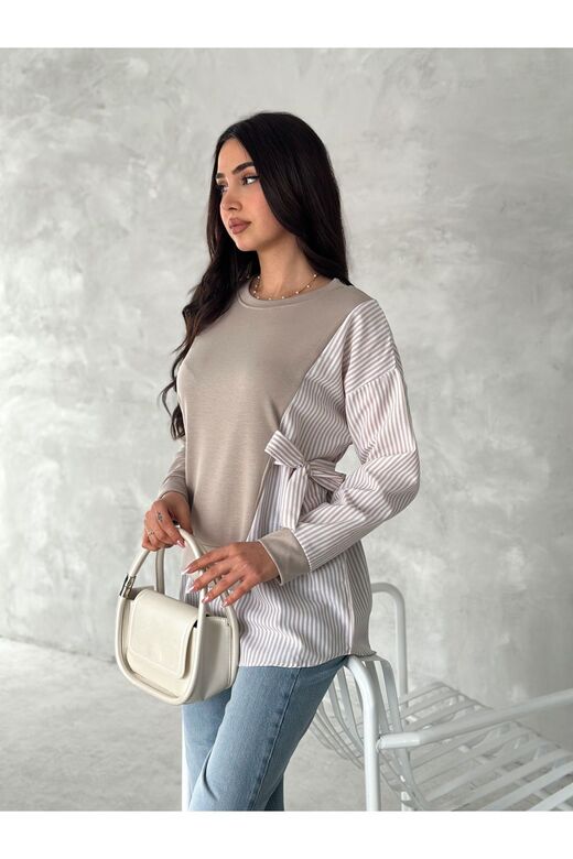 Poplin Yandan Bağlama Detaylı Garnili Gömlek Görünümlü Modal-Terikoton Kumaş Sweatshirt