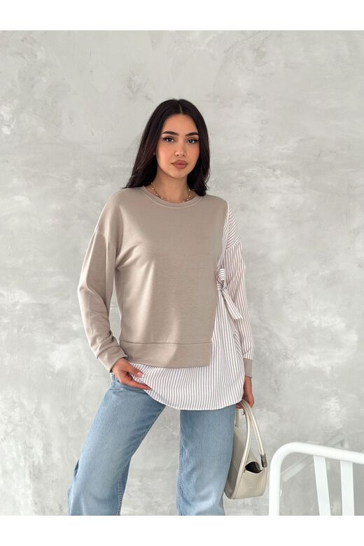 Poplin Yandan Bağlama Detaylı Garnili Gömlek Görünümlü Modal-Terikoton Kumaş Sweatshirt