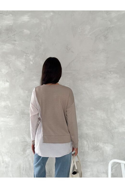 Poplin Yandan Bağlama Detaylı Garnili Gömlek Görünümlü Modal-Terikoton Kumaş Sweatshirt