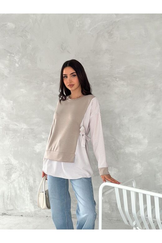 Poplin Yandan Bağlama Detaylı Garnili Gömlek Görünümlü Modal-Terikoton Kumaş Sweatshirt