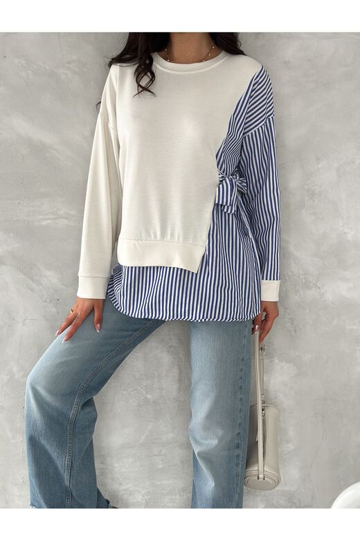 Poplin Yandan Bağlama Detaylı Garnili Gömlek Görünümlü Modal-Terikoton Kumaş Sweatshirt