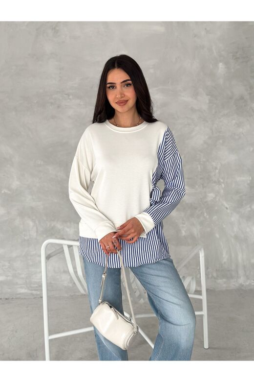 Poplin Yandan Bağlama Detaylı Garnili Gömlek Görünümlü Modal-Terikoton Kumaş Sweatshirt