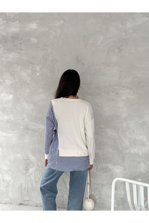 Poplin Yandan Bağlama Detaylı Garnili Gömlek Görünümlü Modal-Terikoton Kumaş Sweatshirt