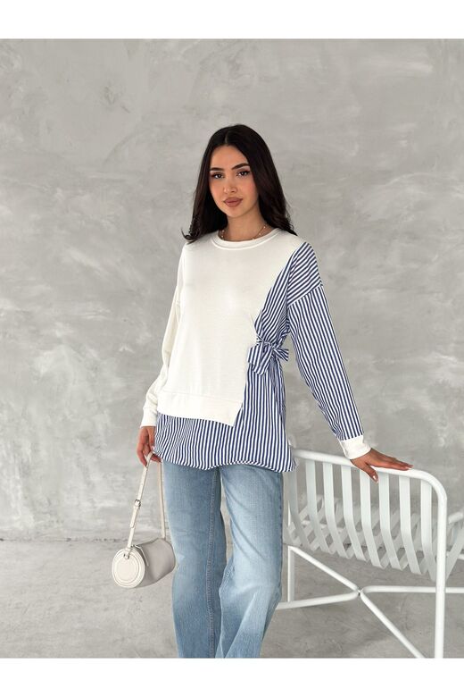 Poplin Yandan Bağlama Detaylı Garnili Gömlek Görünümlü Modal-Terikoton Kumaş Sweatshirt