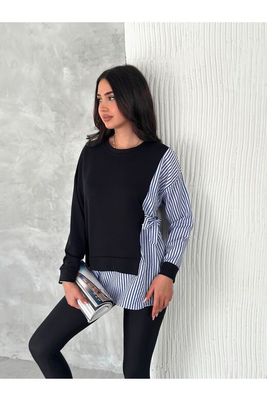 Poplin Yandan Bağlama Detaylı Garnili Gömlek Görünümlü Modal-Terikoton Kumaş Sweatshirt