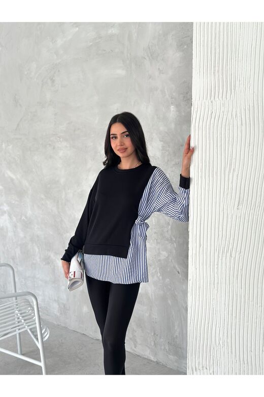 Poplin Yandan Bağlama Detaylı Garnili Gömlek Görünümlü Modal-Terikoton Kumaş Sweatshirt