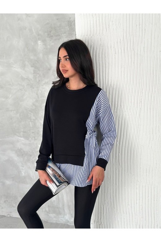 POPLİN YANDAN BAĞLAMA DETAYLI GARNİLİ GÖMLEK GÖRÜNÜMLÜ MODAL-TERİKOTON KUMAŞ SWEATSHİRT