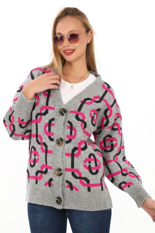 Oversize Düğmeli Örme Detaylı Triko Hırka