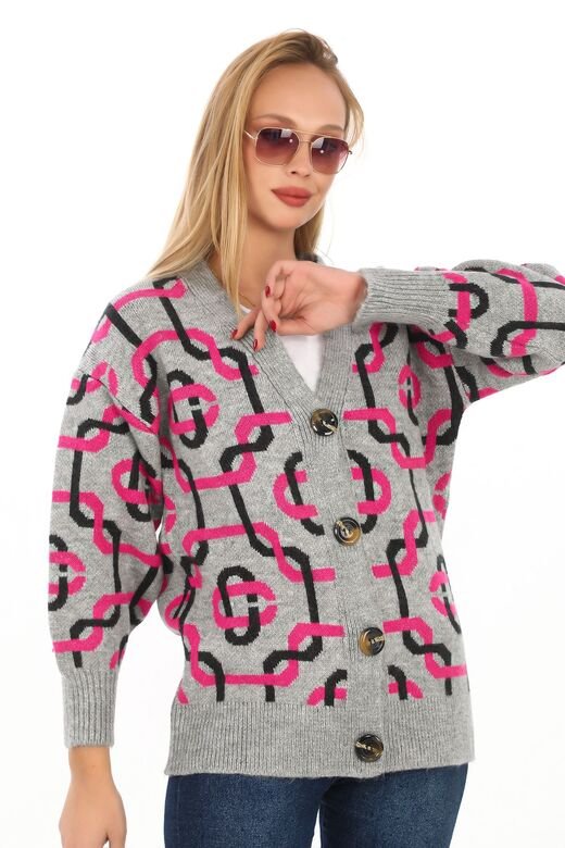 Oversize Düğmeli Örme Detaylı Triko Hırka