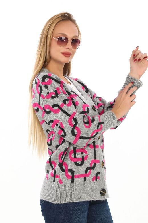 Oversize Düğmeli Örme Detaylı Triko Hırka