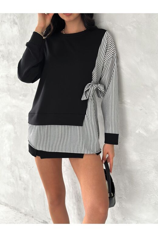 Poplin Yandan Bağlama Detaylı Garnili Gömlek Görünümlü Modal-Terikoton Kumaş Sweatshirt