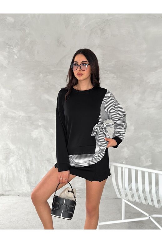 Poplin Yandan Bağlama Detaylı Garnili Gömlek Görünümlü Modal-Terikoton Kumaş Sweatshirt