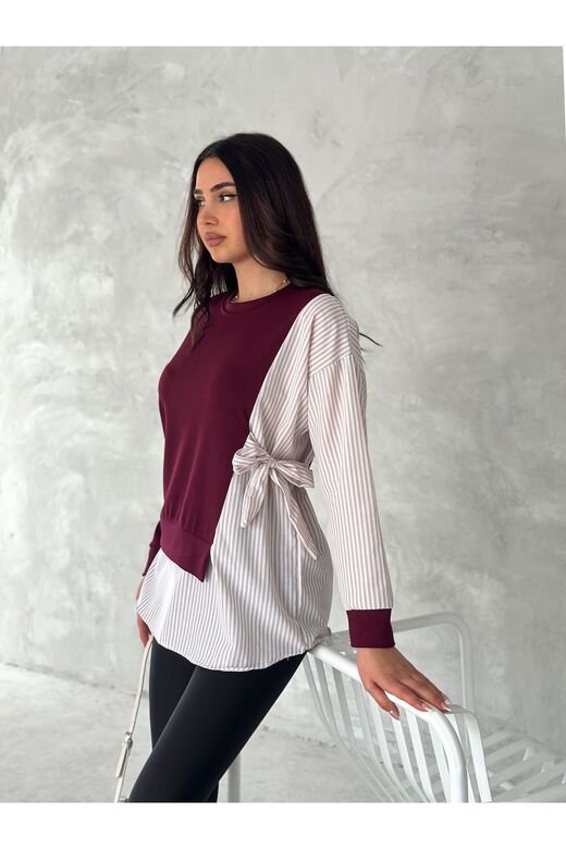 Poplin Yandan Bağlama Detaylı Garnili Gömlek Görünümlü Modal-Terikoton Kumaş Sweatshirt